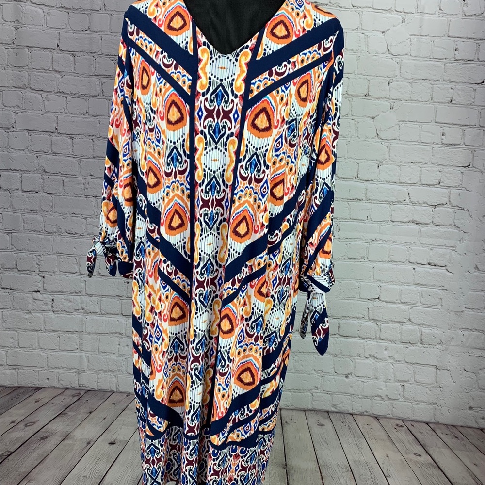 Chico’s Shift Dress Fleur De Lis Tie Sleeve 3 XL